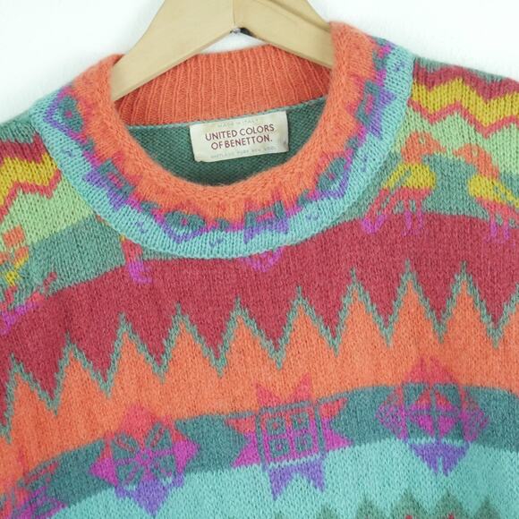 Vintage Benetton Medium Sweater Multicolor Rainbow Fair Isle Ski Nordic Wool 80s - Picture 3 of 14